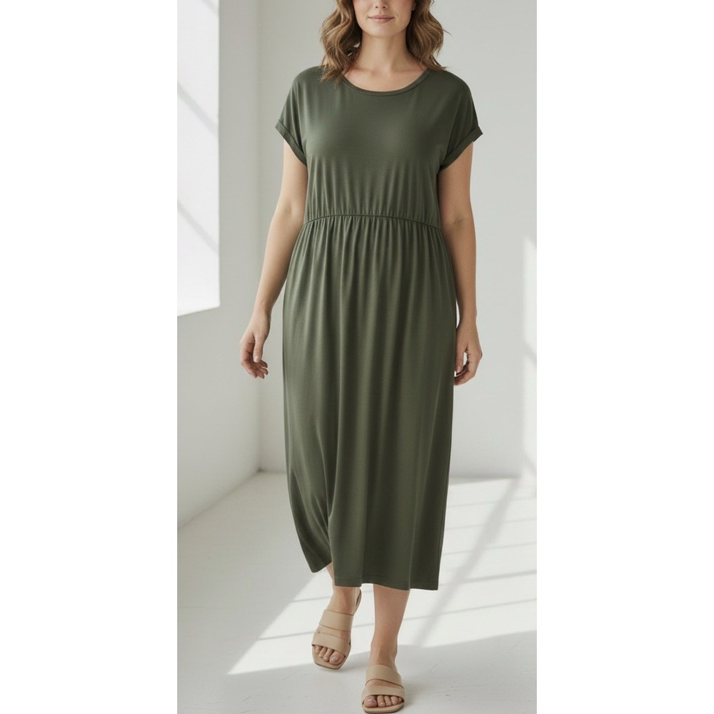 NWT Eileen Fisher 3X Green Jersey Midi Dress Quiet Luxury Lagenlook Minimalist
